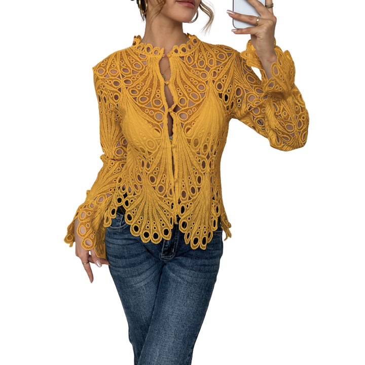 Brielle | Elegant White Blouse – Long Sleeve, Lace Cutwork for Women 1