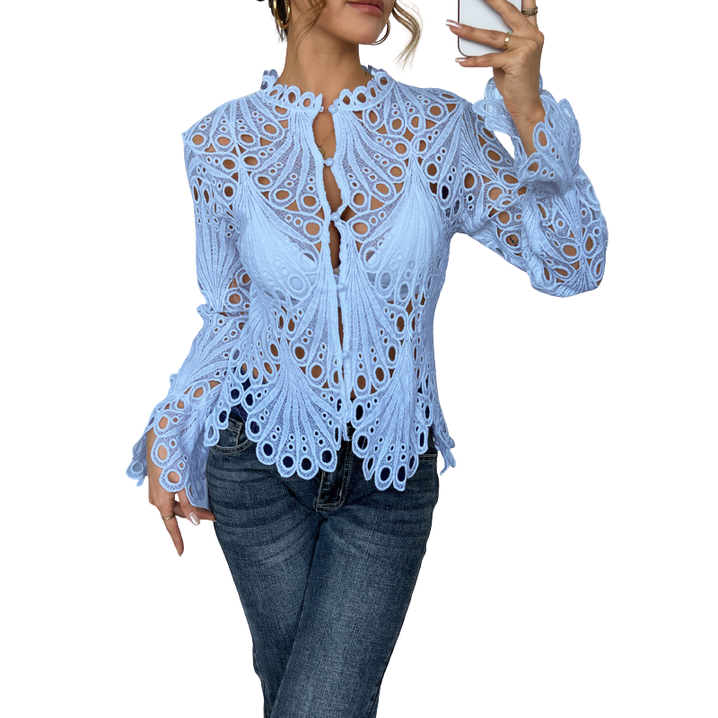 Brielle | Elegant White Blouse – Long Sleeve, Lace Cutwork for Women 2