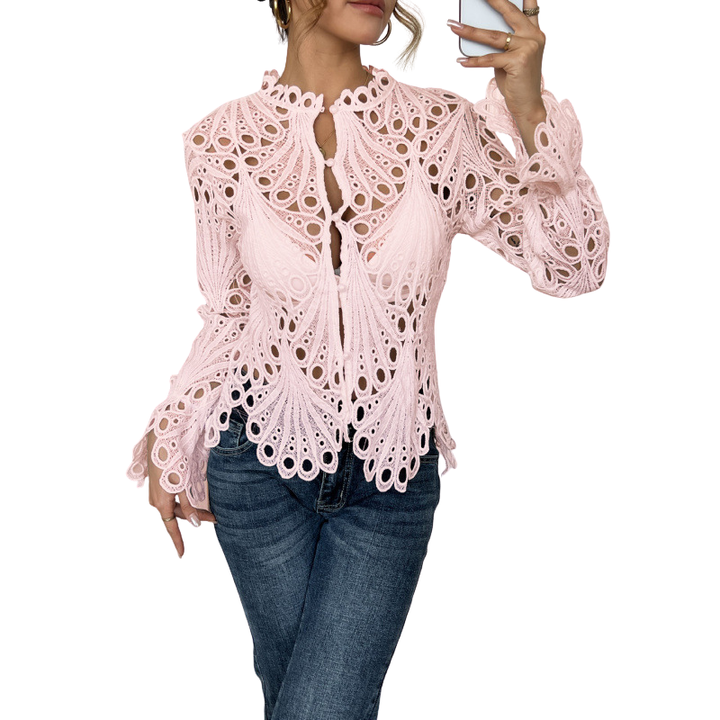 Brielle | Elegant White Blouse – Long Sleeve, Lace Cutwork for Women 3