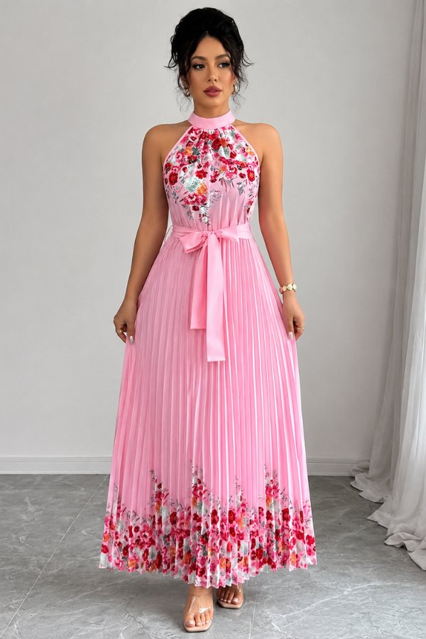 Camila | Women's Floral Pleated Halter Evening Gown Midi Dress 0