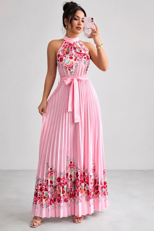 Camila | Women's Floral Pleated Halter Evening Gown Midi Dress 1