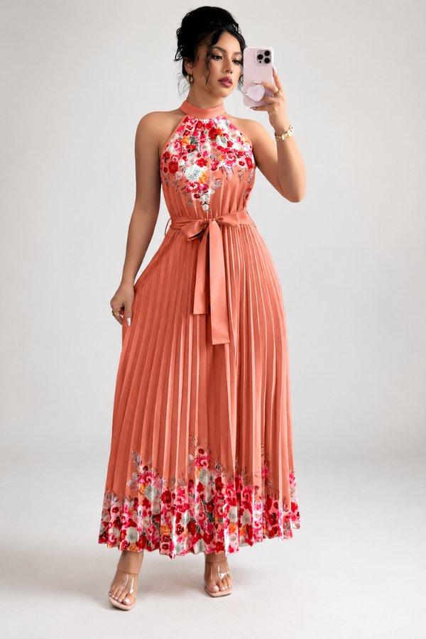 Camila | Women's Floral Pleated Halter Evening Gown Midi Dress 10