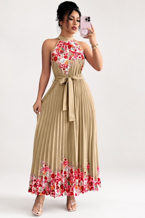 Camila | Women's Floral Pleated Halter Evening Gown Midi Dress 11