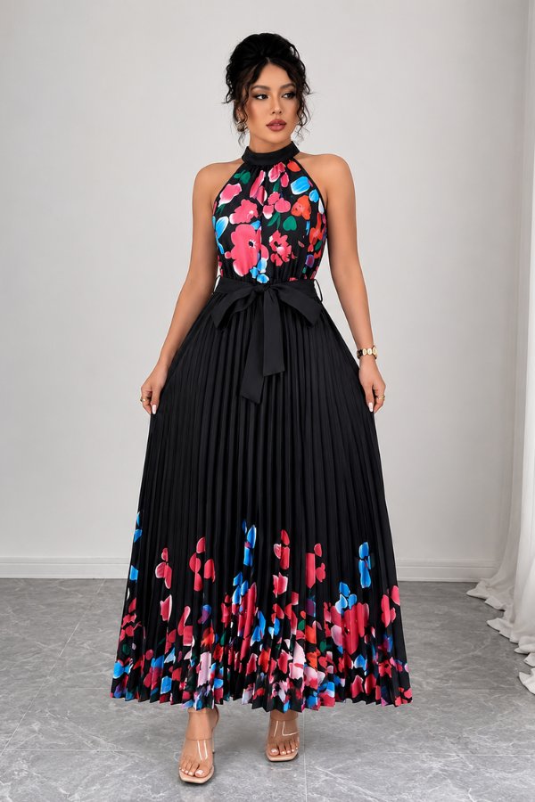 Camila | Women's Floral Pleated Halter Evening Gown Midi Dress 12