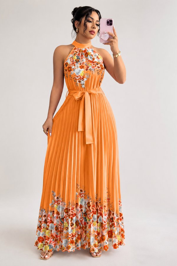 Camila | Women's Floral Pleated Halter Evening Gown Midi Dress 13