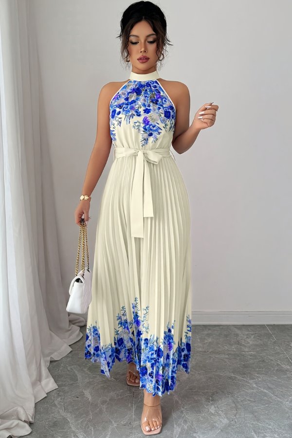 Camila | Women's Floral Pleated Halter Evening Gown Midi Dress 14