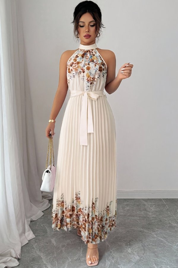 Camila | Women's Floral Pleated Halter Evening Gown Midi Dress 15
