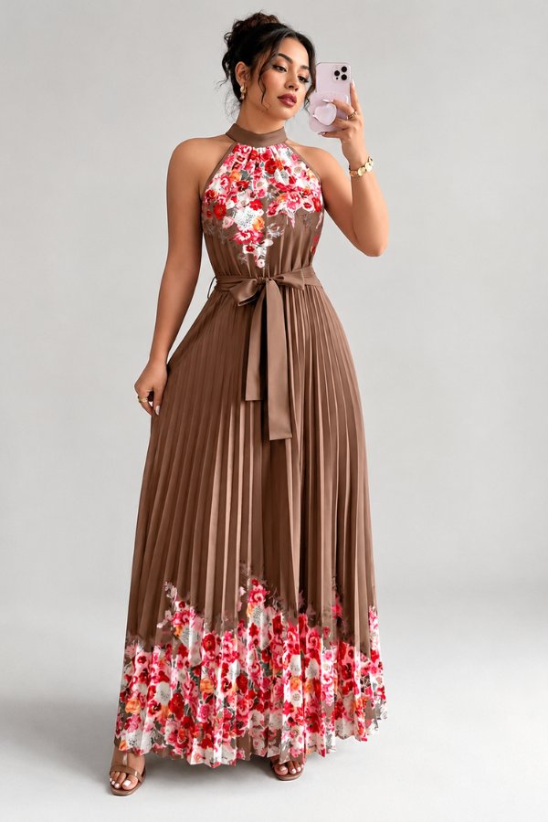 Camila | Women's Floral Pleated Halter Evening Gown Midi Dress 16
