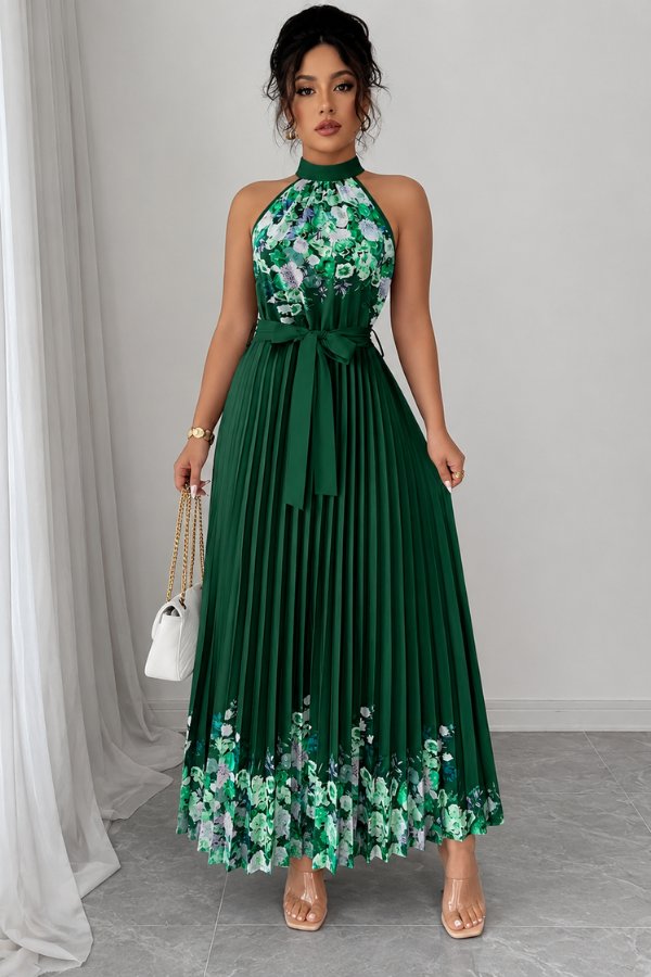 Camila | Women's Floral Pleated Halter Evening Gown Midi Dress 17