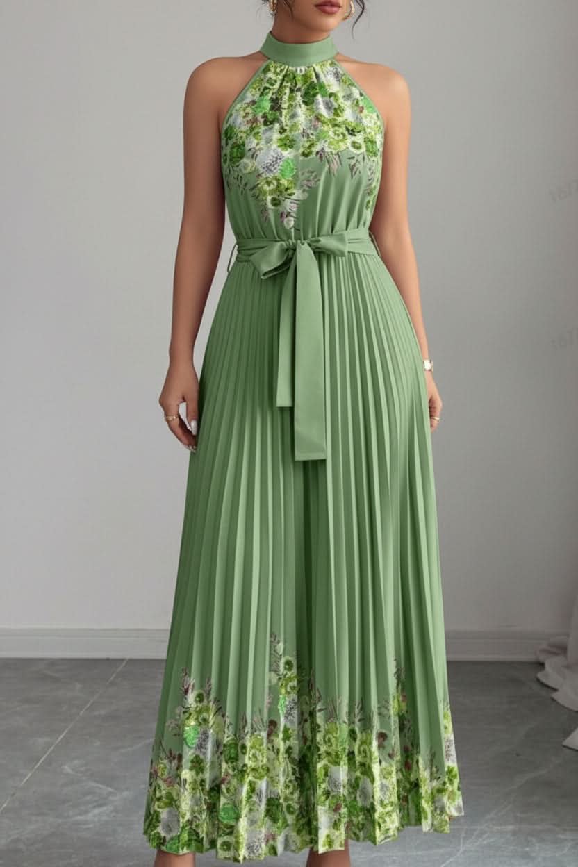 Camila | Women's Floral Pleated Halter Evening Gown Midi Dress 18