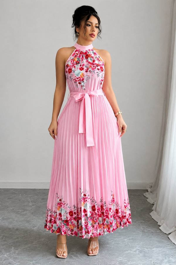 Camila | Women's Floral Pleated Halter Evening Gown Midi Dress 2