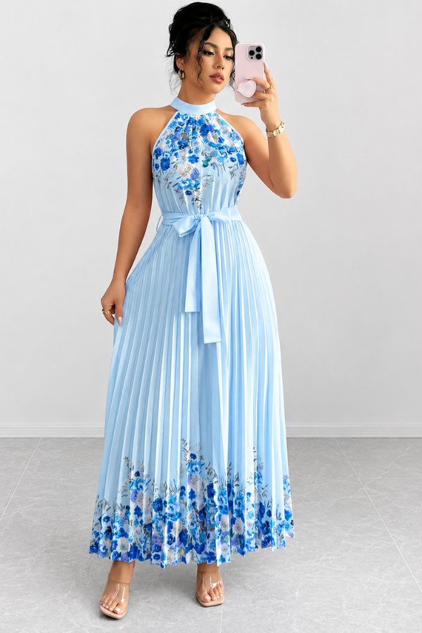 Camila | Women's Floral Pleated Halter Evening Gown Midi Dress 3