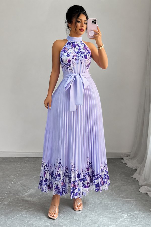 Camila | Women's Floral Pleated Halter Evening Gown Midi Dress 4