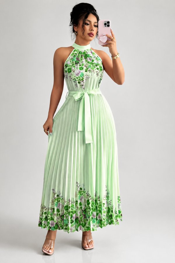 Camila | Women's Floral Pleated Halter Evening Gown Midi Dress 5