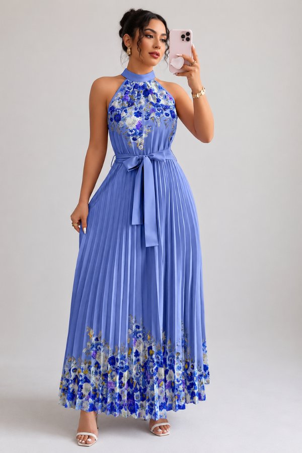 Camila | Women's Floral Pleated Halter Evening Gown Midi Dress 6