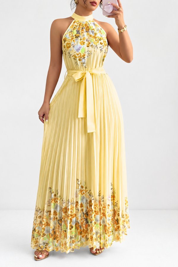 Camila | Women's Floral Pleated Halter Evening Gown Midi Dress 7
