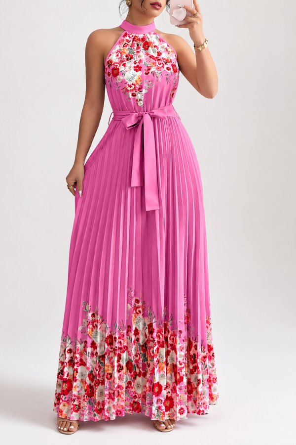 Camila | Women's Floral Pleated Halter Evening Gown Midi Dress 8
