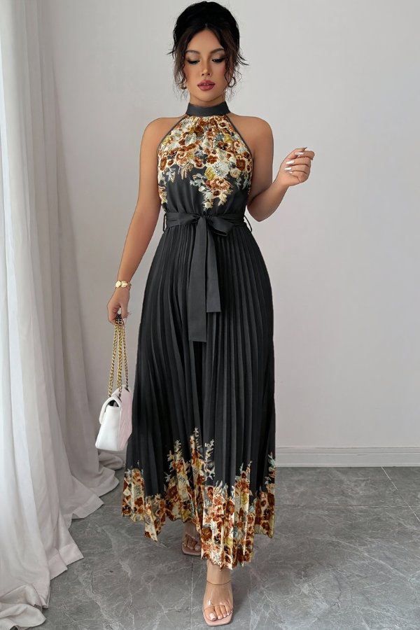 Camila | Women's Floral Pleated Halter Evening Gown Midi Dress 9