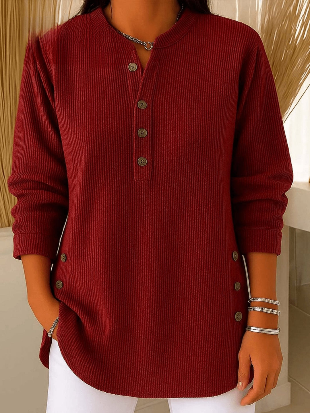 Camila | Women's Relaxed-Fit Longline Henley Ribbed Tunic Top 1