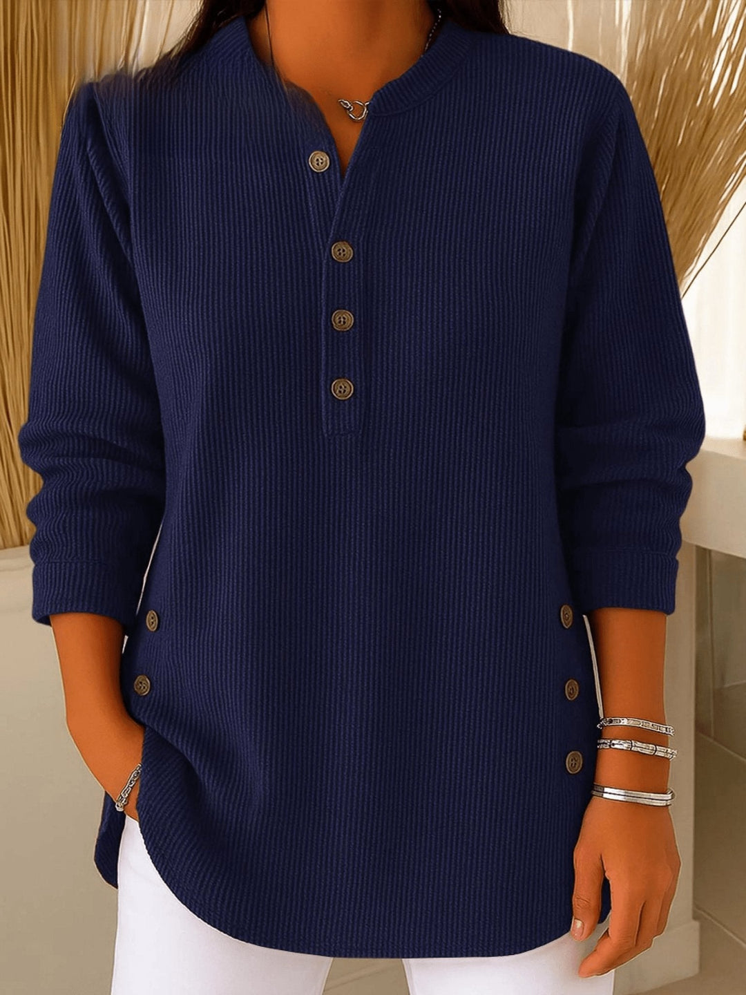 Camila | Women's Relaxed-Fit Longline Henley Ribbed Tunic Top 2