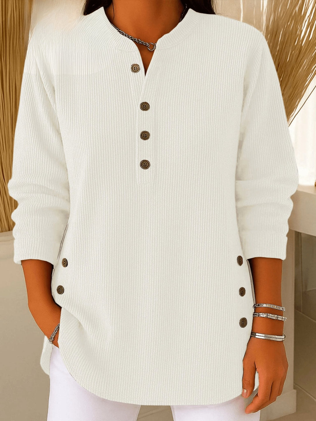 Camila | Women's Relaxed-Fit Longline Henley Ribbed Tunic Top 4