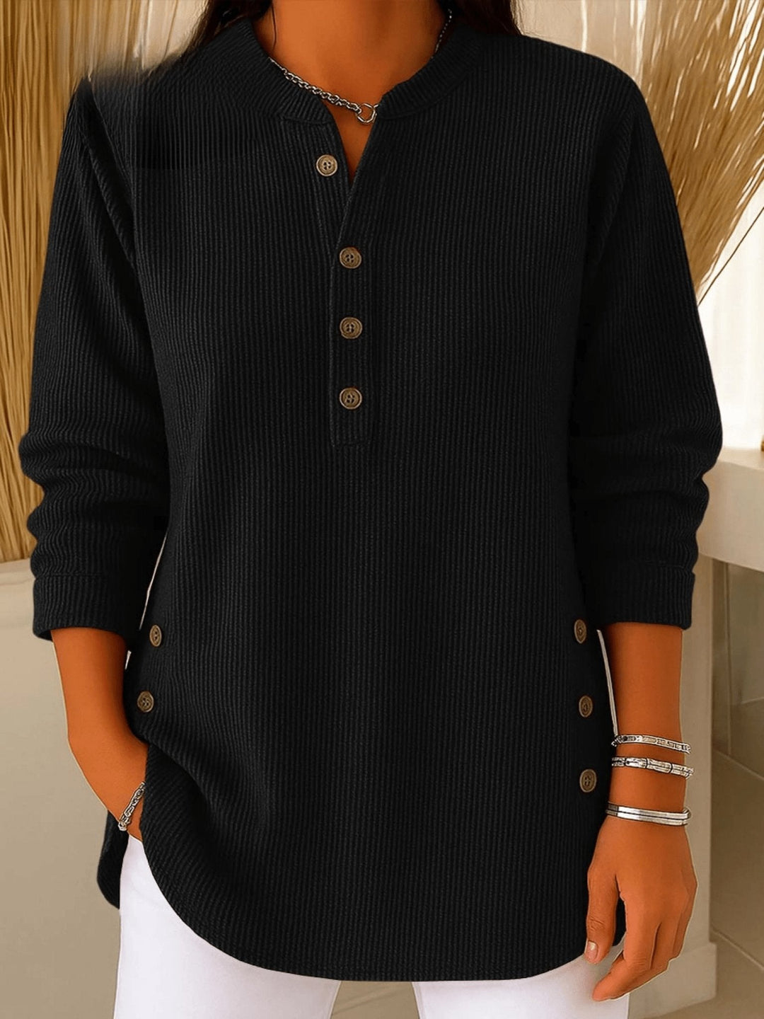 Camila | Women's Relaxed-Fit Longline Henley Ribbed Tunic Top 5