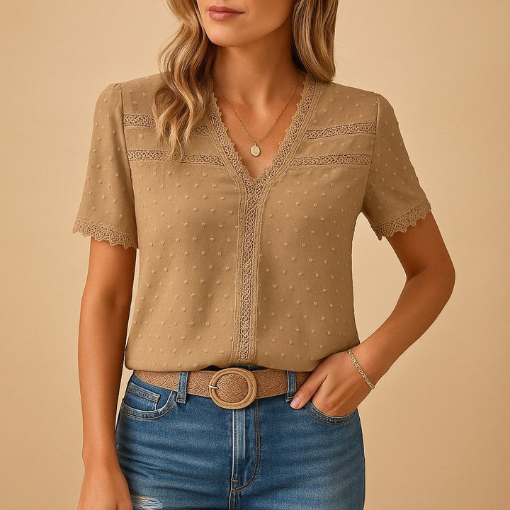 Camila | Women's Swiss Dot Lace-Trim V-Neck Short-Sleeve Blouse 0