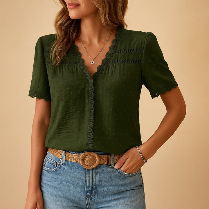 Camila | Women's Swiss Dot Lace-Trim V-Neck Short-Sleeve Blouse 1