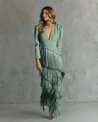 Karla | Elegant V-Neck Tiered Fringe Maxi Dress