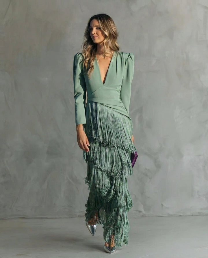 Cassandra | Elegant V Neck Fringe Maxi Dress for Women - Perfect for Formal Events 0