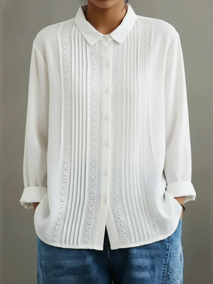 Celia | Elegant White Blouse – Long Sleeve, Lace Trim for Women 1