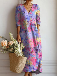 Lauren | Elegantes, florales Midi-Kleid mit V-Ausschnitt und langen Ärmeln