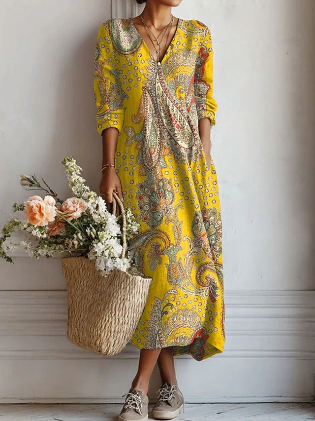 Celine | Vibrant Floral Print Long Sleeve Midi Dress – Elegant Summer Dress for Wedding Guests 1
