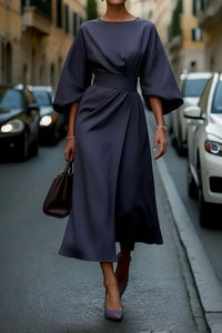 Clara | Elegant Lantern-Sleeve Waist-Cinching Cocktail Midi Dress