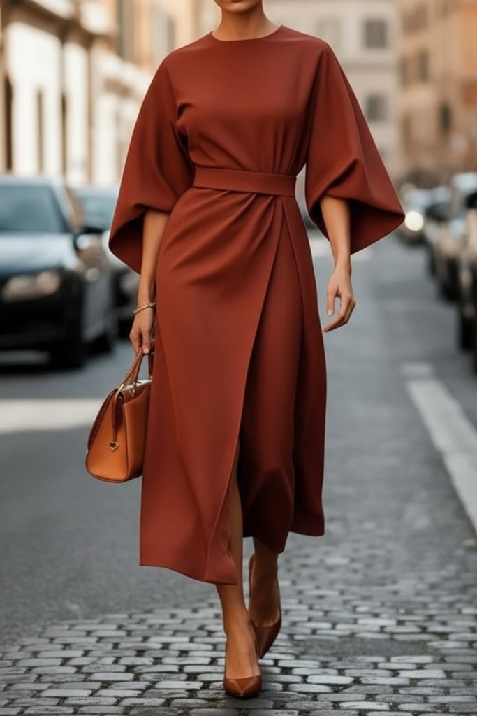 Charlotte | Women's Lantern-Sleeve Waist-Cinching Midi Cocktail Dress 1