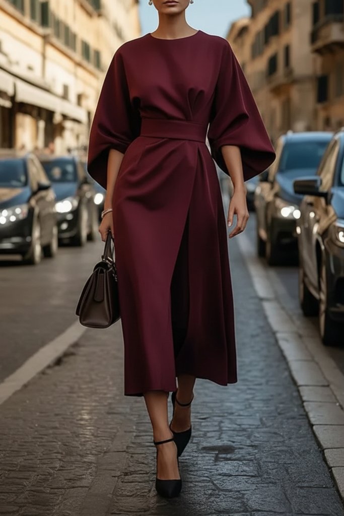 Charlotte | Women's Lantern-Sleeve Waist-Cinching Midi Cocktail Dress 7