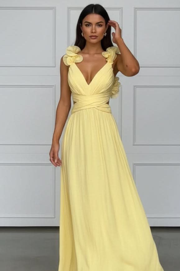 Charlotte | Women's Pleated Sleeveless Floral Applique Evening Gown 0