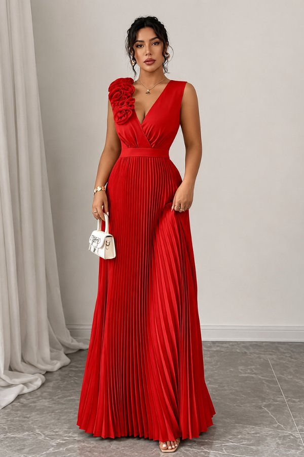 Charlotte | Women's Pleated Sleeveless Floral Applique Evening Gown 3