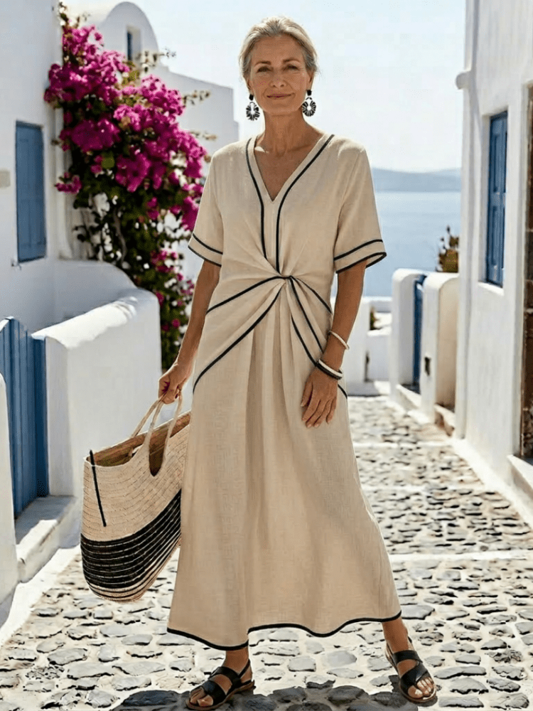 Crelia | Elegant Gathered Waist White Midi Dress with Sleeves 3
