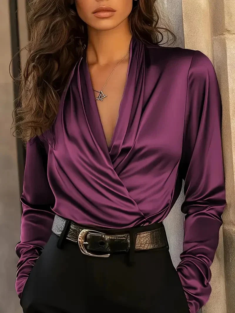 Dahlia | Elegant Fitted Women's Long Sleeve Blouse – Sophisticated Wrap Design in Champagne 2