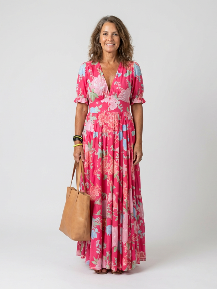 Dahlia | Elegant Floral V Neck Midi Dress for Women - Summer Dresses with Flutter Sleeves 0