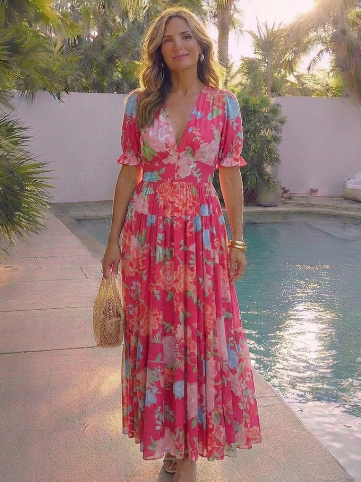 Dahlia | Elegant Floral V Neck Midi Dress for Women - Summer Dresses with Flutter Sleeves 6