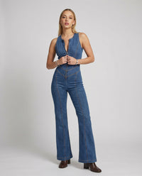 Ava | Retro Inspired Fitted Denim Flare Jumpsuit