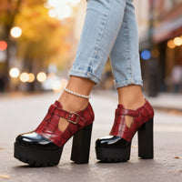 Amelia | Chic Croc Embossed Platform Block Heel Pumps