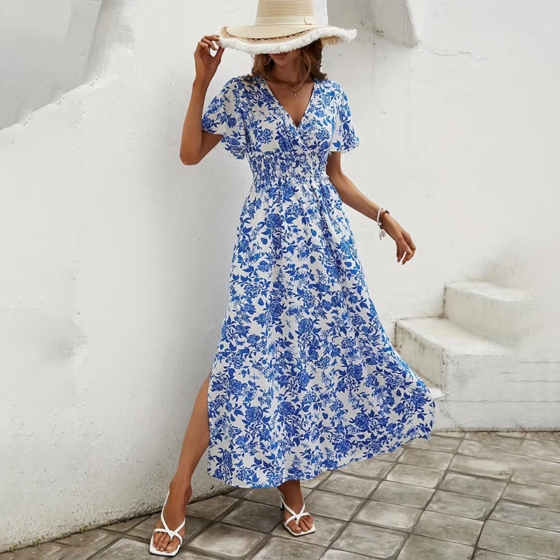 Delilah | Elegant Floral V Neck Short Sleeve Maxi Dress 0