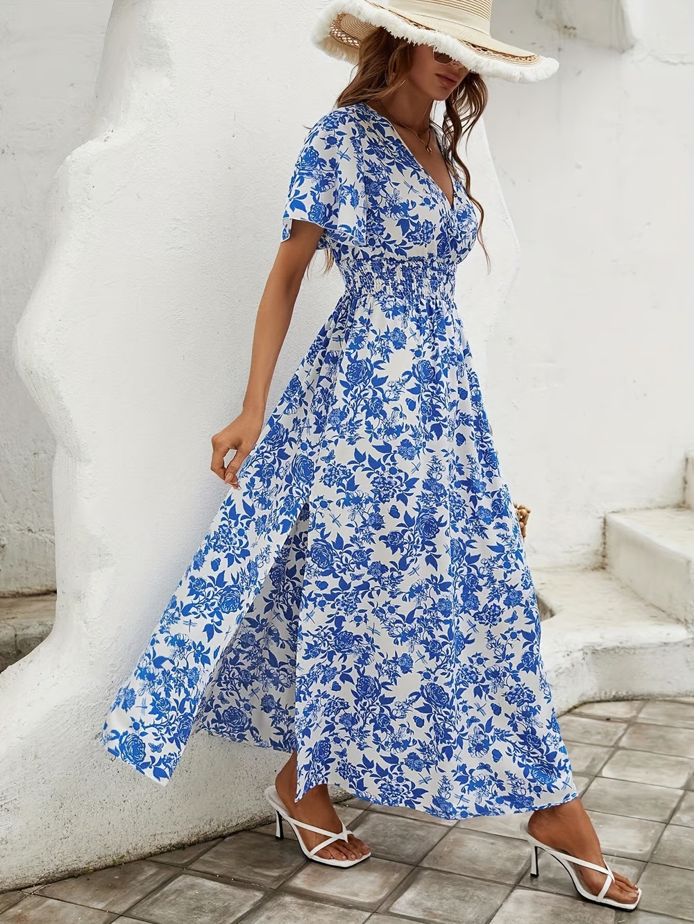 Delilah | Elegant Floral V Neck Short Sleeve Maxi Dress 4