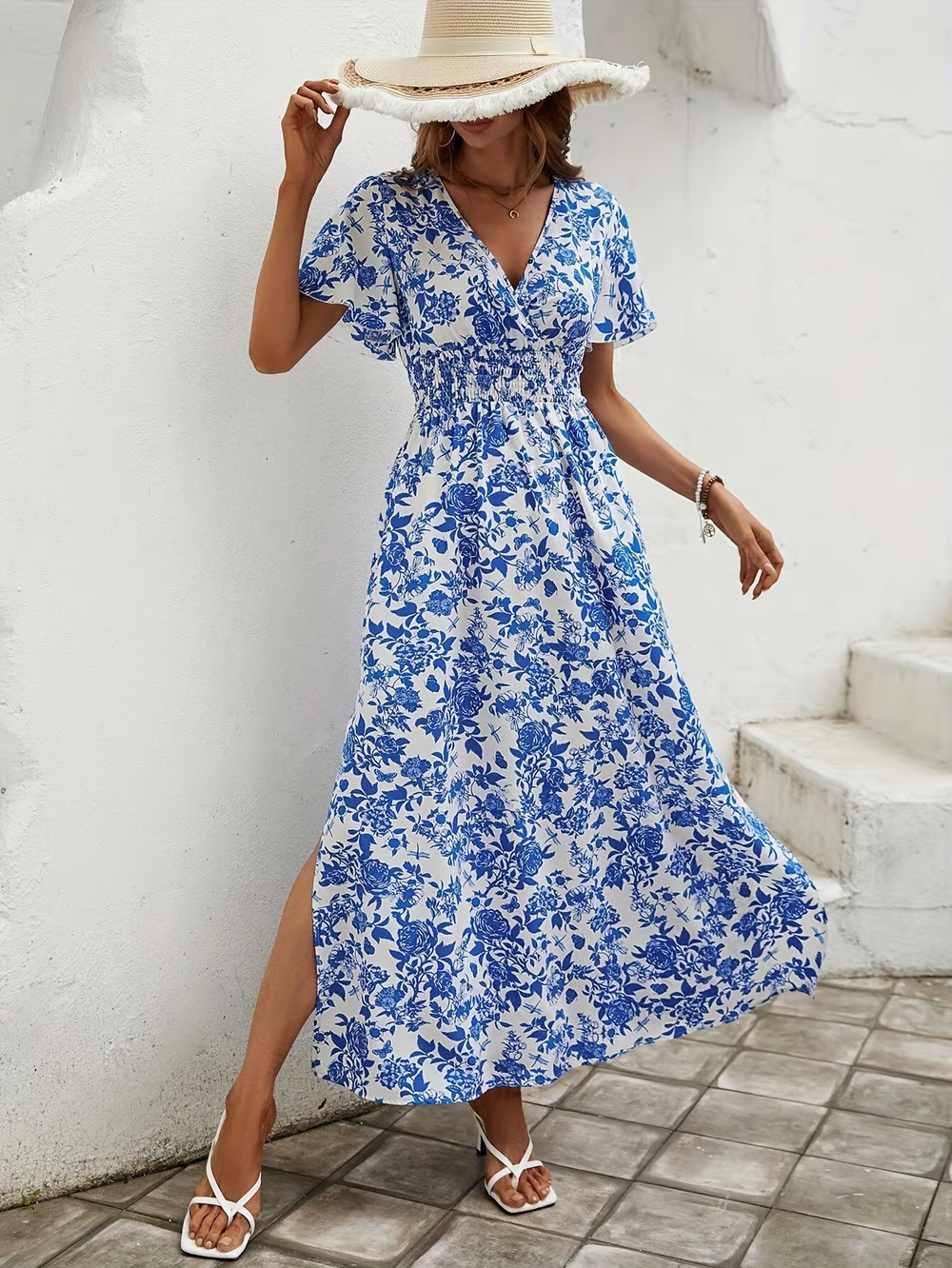 Delilah | Elegant Floral V Neck Short Sleeve Maxi Dress 5