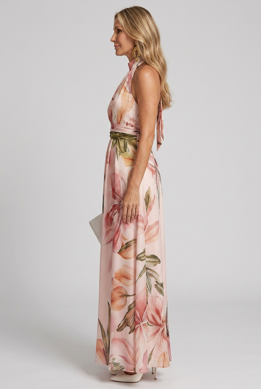 Arabella | Fließendes Herbst-Maxikleid mit floralem Neckholder
