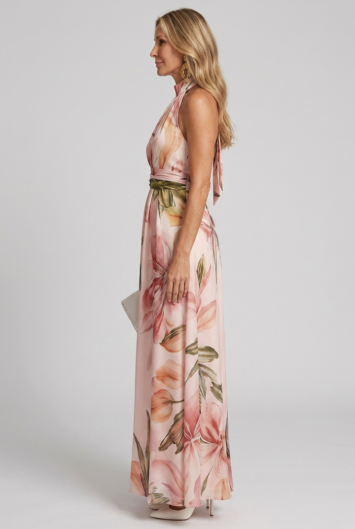 Arabella | Fließendes Herbst-Maxikleid mit floralem Neckholder