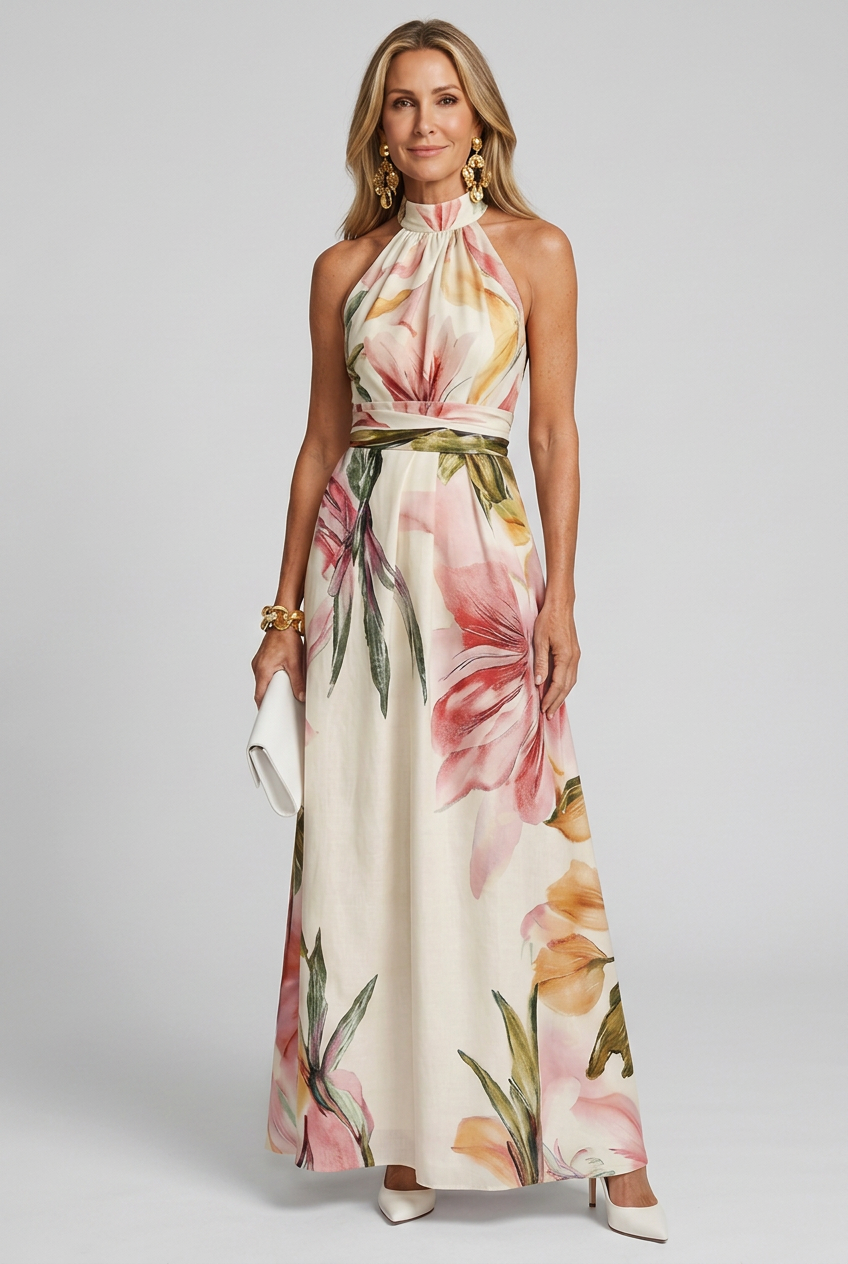 Arabella | Fließendes Herbst-Maxikleid mit floralem Neckholder